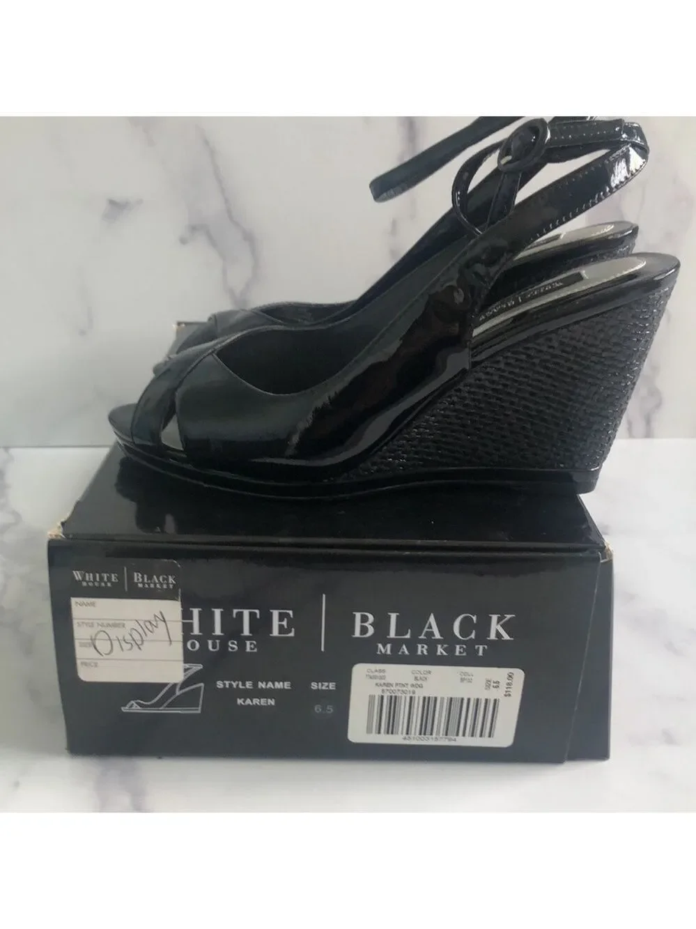 White House Black Market Wedge Karen Black Patent Leather Sandals Size 6.5m